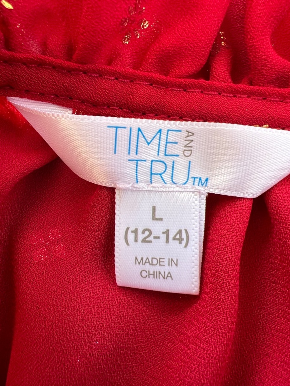 Time and Tru Red Tie-Neck Long-Sleeve Blouse with Gold Dot Print - Picture 2 of 13